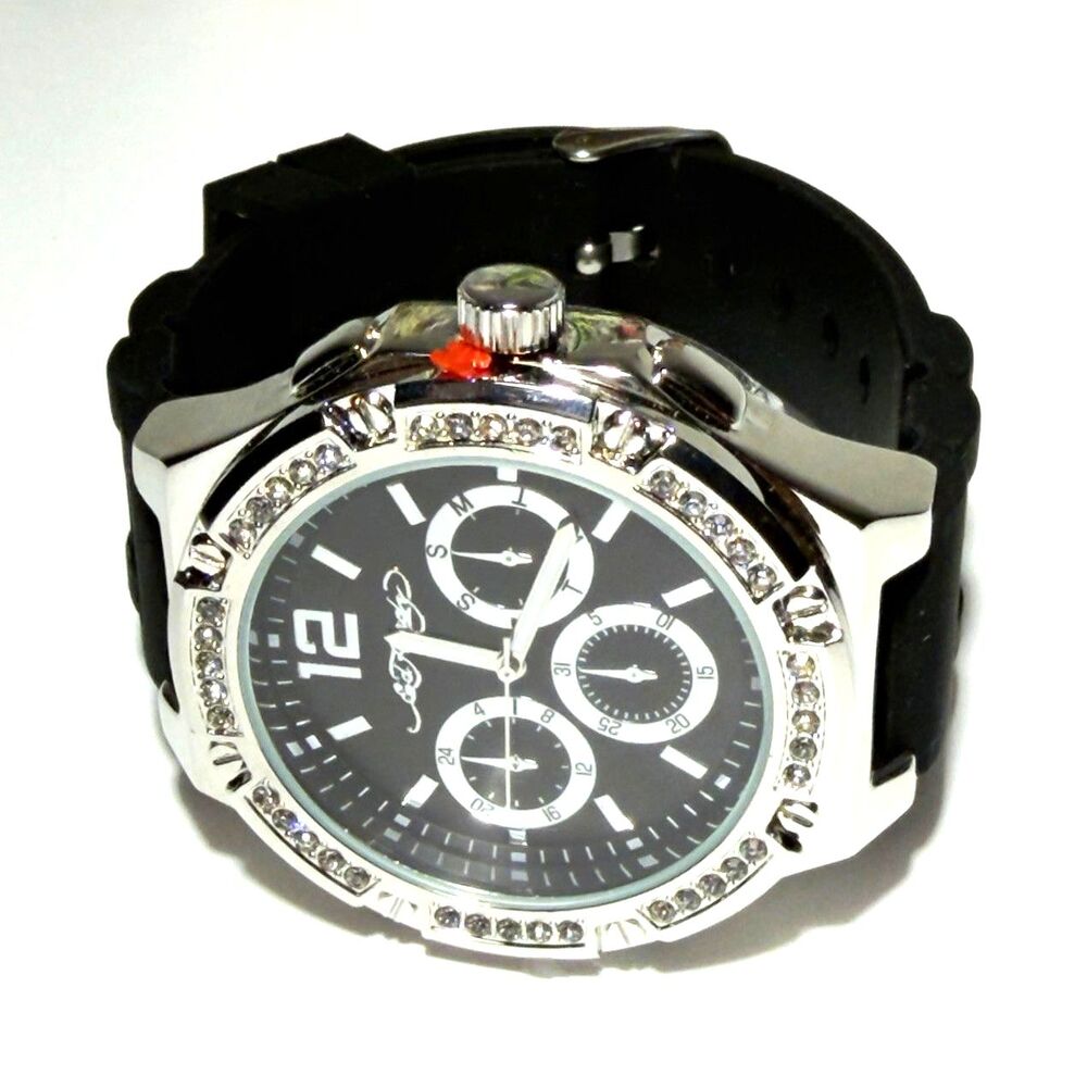 Ed Hardy Men's Black Dial Analog Watch Rhinestone Bezel Silicone Band Brand New